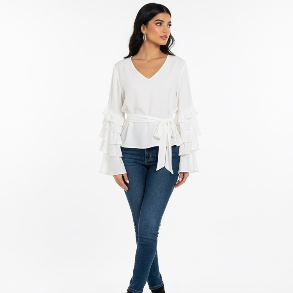 Impulsive White Long Ruffle Sleeve V Neck Women S Romanic Belted Pullover Blouse